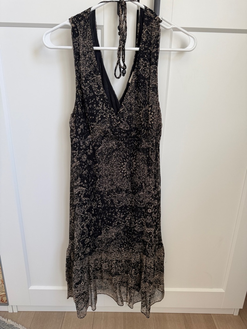 Ella Moss Black and Beige Printed V-Neck Halter Midi Dress